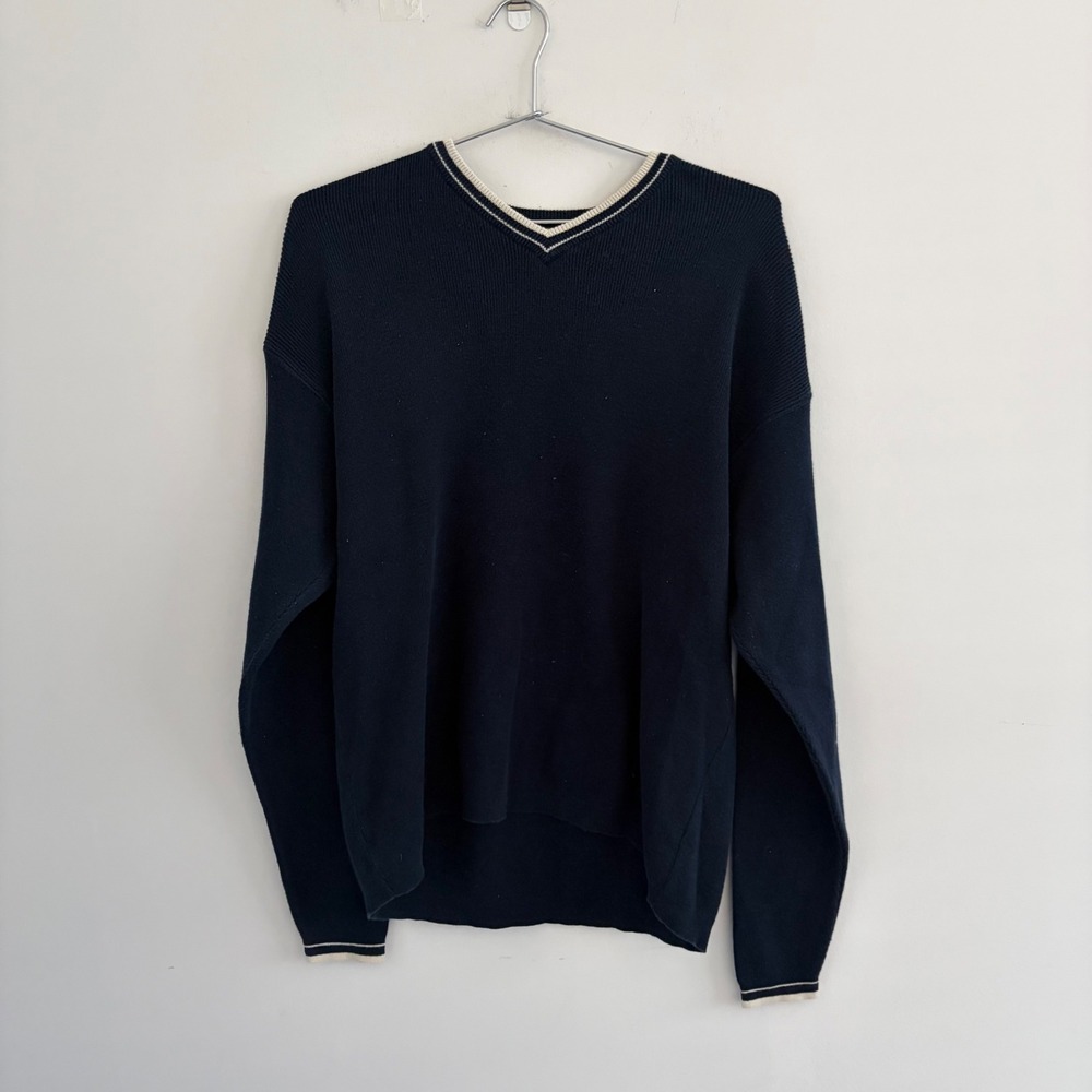 Vintage Abercrombie & Fitch Navy Blue V-Neck Cotton Sweater Medium USA